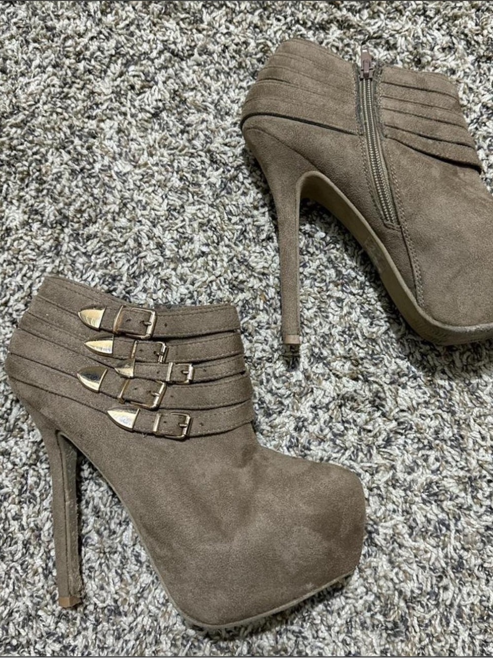 Wild Diva Taupe Suede Platform Ankle Booties with Gold Buckles